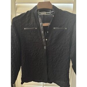 Vintage Jamie Sadock Golf Shirt Black Mock Neck Long Sleeve Snaps Detail Bubble